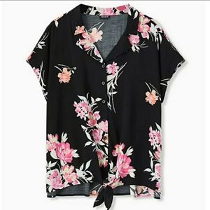 Torrid Black Floral Tie Front Dolman Blouse
